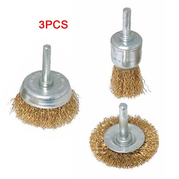

3pcs brass wire cup brush wheel set 1/4 inch shank debris cleaning removal tool for rust removal, paint removal, corrosion, coat