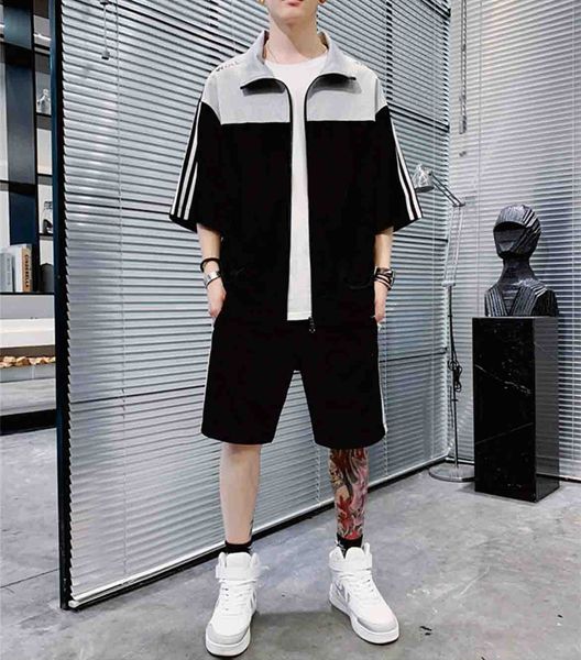 

designer mens tracksuits 2020 summer fashion new mens two-piece suits casual men cardigan panelled suit 2 styles plus size -3xl, Gray