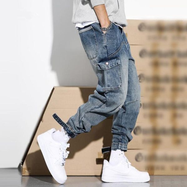 

streetwear men jeans loose fit big pocket cargo pants homme japanese denim trousers 2020 designer hip hop harem pants w763, Blue