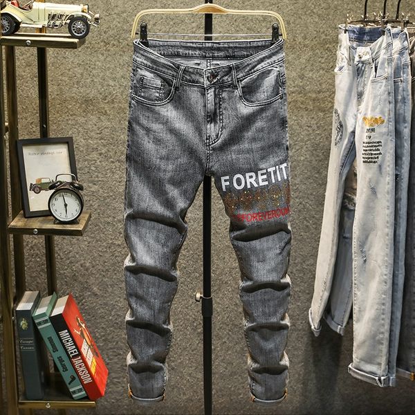 

p2agv 2020 thin jeans men's trendy 2020 thin jeans men's fashion brand pants brand hole-piercing diamond beads light gray printed, Blue