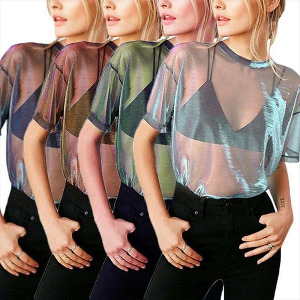 

fashion cool women see through sheer mesh short sleeve tee t shirt loose party clubwear clothing petal sleeve soft, White
