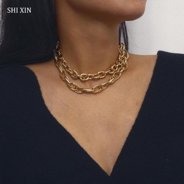 

shixin 2pcs separable hip hop layered chain necklace for women gold short choker collar punk chunky necklaces statement collier, Silver