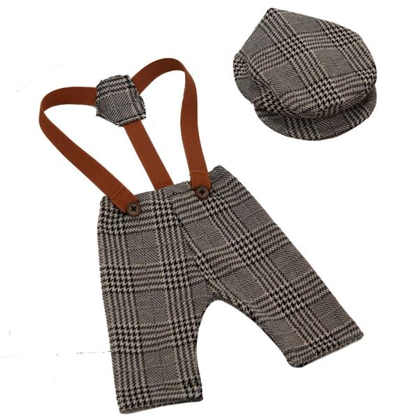 

newborn pgraphy props baby pgraphy outfits plaid suspender pants and peaked cap set (grey, Yellow