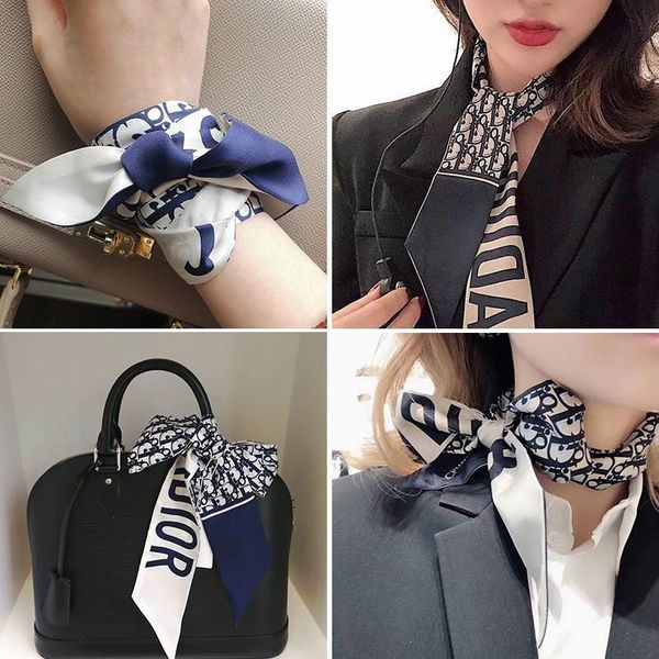

ins new style long small designer silk scarf female artificial silk letter d small ribbon tie bag handle silk scarf decorative scarf, Blue;gray