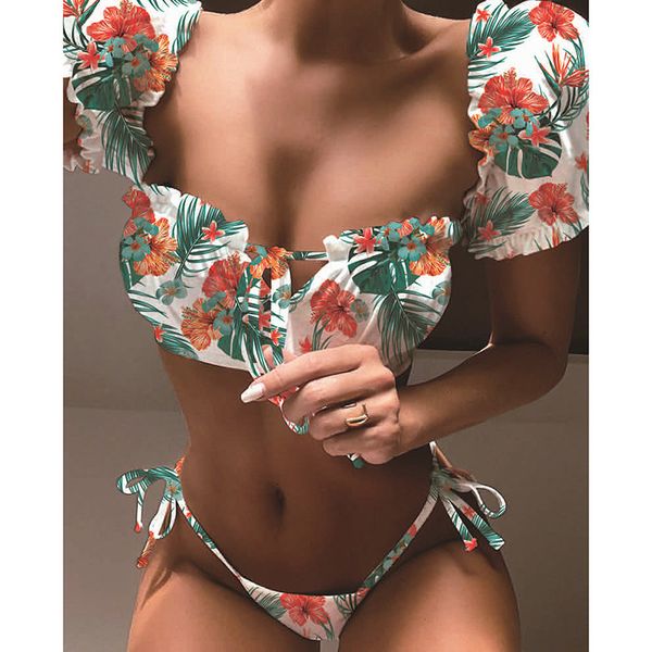 

2020 white short sleeve bikini women swimsuit bandage adjust swimwear female bathers lace up bathing suit thong bikinis set