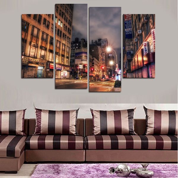 

new unframed 4 panel modern print painting on canvas under dark clouds city lights cuadros home decor for living room artwork