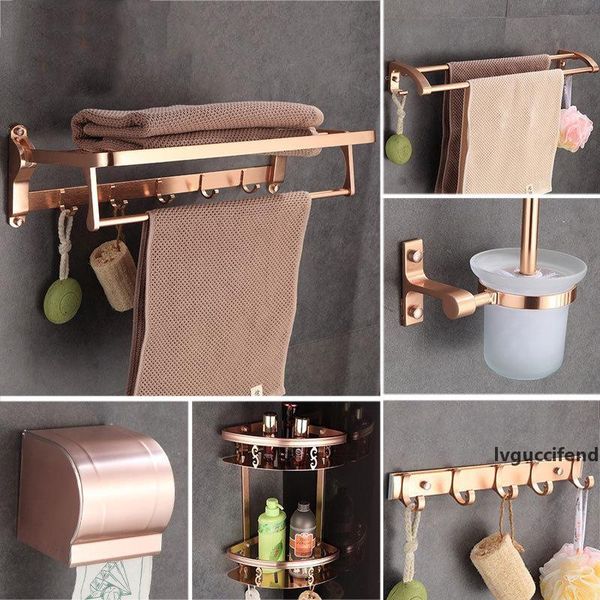 

rose gold space aluminum bathroom hardware set paper box towel bar shelf robe hooks toilet brush holders bathroom accessories t200425