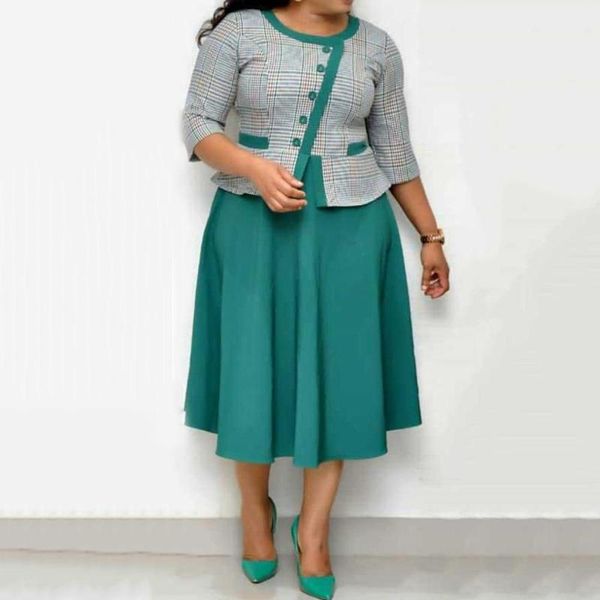 

casual dresses retro plus size office dress midi african ladies elegant round neck 2021 summer fake two piece women vintage vestidos-2, Black;gray