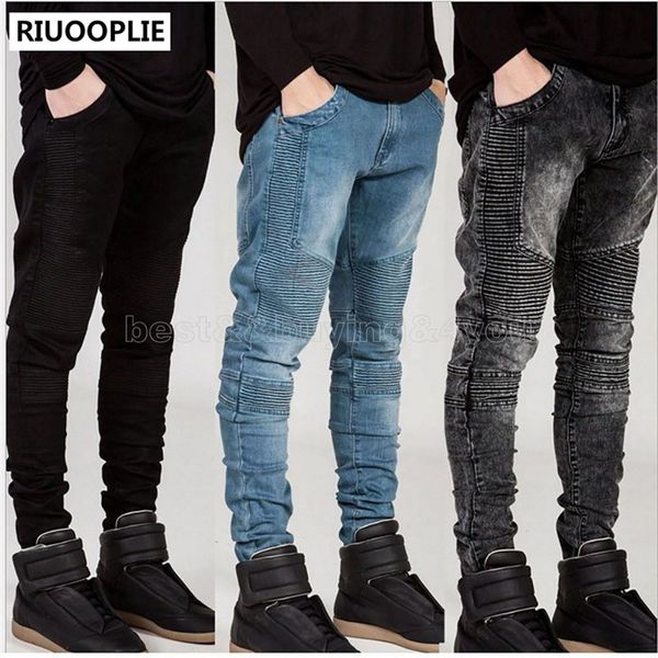 

riuooplie мужская тощий байкер джинсы denim jeans мотоцикл runway slim fit denim мото, Blue