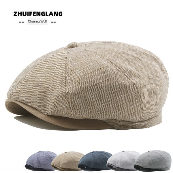 

autumn new plaid men's cotton stitched british style fashion beret beret octagonal hat octagonal hat sale cap, Blue;gray