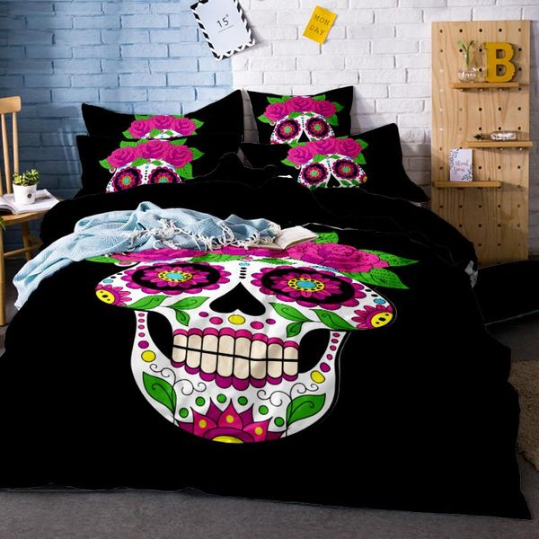 

black skull duvet cover set 3pcs splash watercolor bedclothes flowers bedding set  colorful home textiles