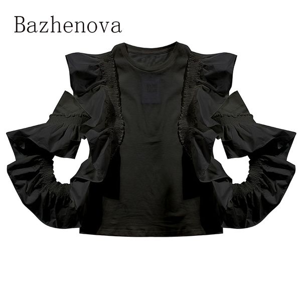 

bazhenova 2020 women's cotton stitching cottontshirts girls sweet strapless tshirt woman ruffles casual girl all match r545, White