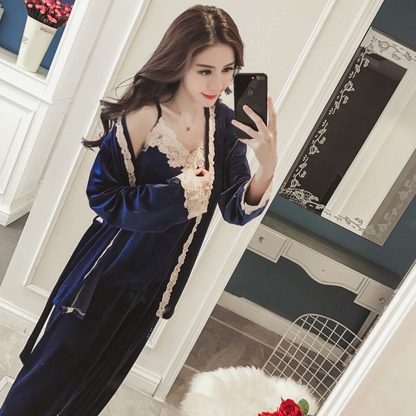 

pajamas women's winter gold velvet sling lace trousers korean lace sling long sleeve trousers three-piece home clothes suit, Blue;red