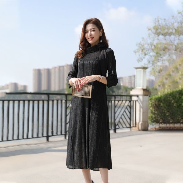 

платье юбки плиссированные юбки одежды 2020 новый свободный мода высокого класса три-дом плиссированные платья больших размеров женской одеж, Black;gray