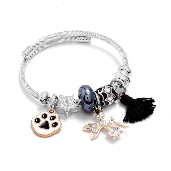 

stainless steel women's bracelets fashion jewelry silver color wire cuff bangles footprint angle tassel charms armband, Black