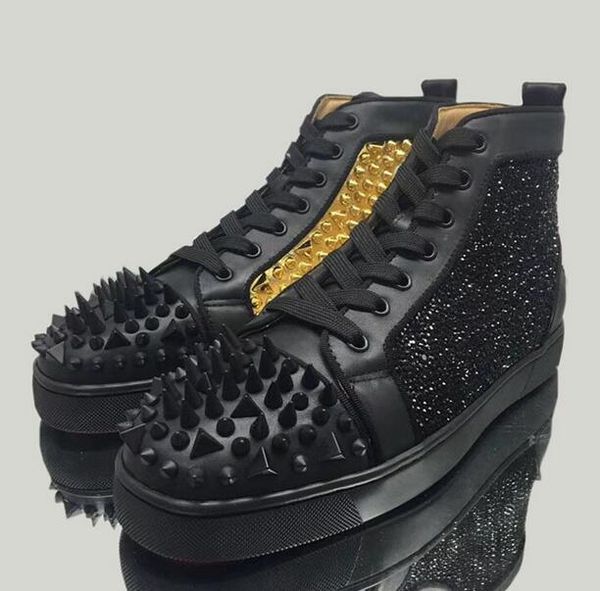 

2019 new style split designer brand red bottom studded rhinestone and spikes flats shoes for men women black and gold party casual sneakers