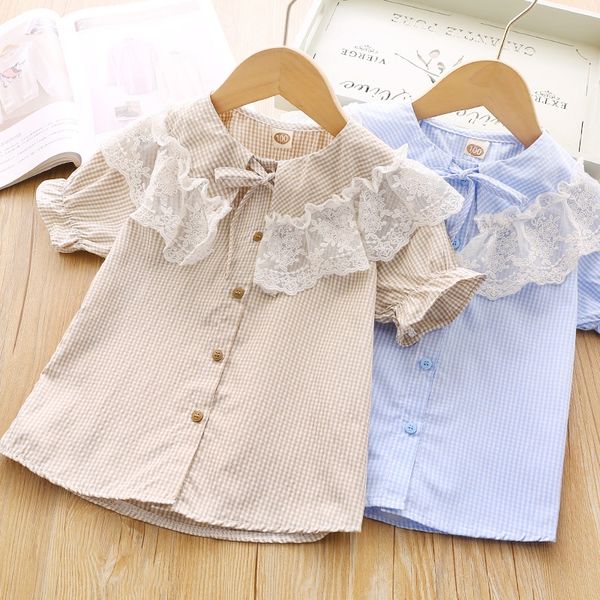 

h0046 girl 2020 new baby collar short sleeve baby shirt girl western style plaid open button shirt, White;black