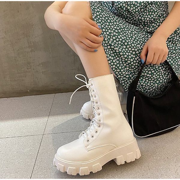 

fashion boots for women pu leather mid-calf boots 2020 women's non slip design cool girl lace up female autumn shoes ladies new, Black