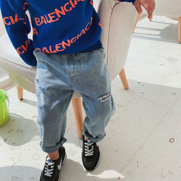 

children's trousers 2020 squinting new boys' double printed and pants and jeans baby letter jeans trousers, Blue