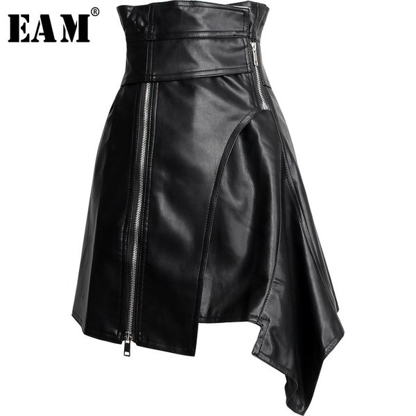 

eam] 2020 new spring summer pu leather high waist sashes spliced irregular half-body temperament skirt women fashion jy506, Black