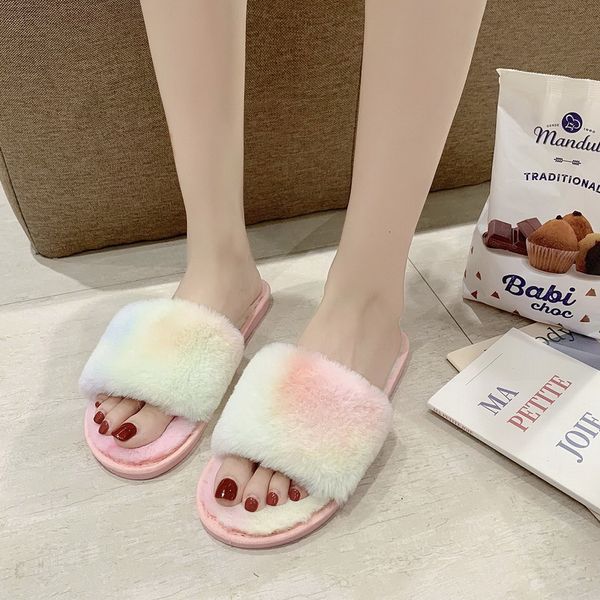 

2020 summer new fashion women furry slipper for home casual flat shoes woman round head pink slides female plush lady slippers, Black