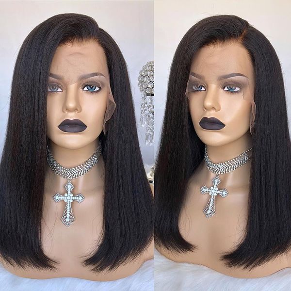 

2020 новый тип 13 * 6 короткого боб фронта шнурок человеческих волос парики для женщин kinky прямого волос pre щипкового remy бразильского п, Black