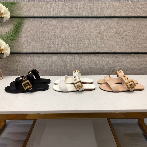 

designer womens slippers luxury black white apricot metal square buckle round head flat sandals with box size 35-40