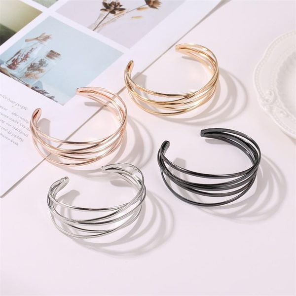 

simple metal crossed opening bangle fashion women solid color multilayer hollow polished wristband jewelry, Black