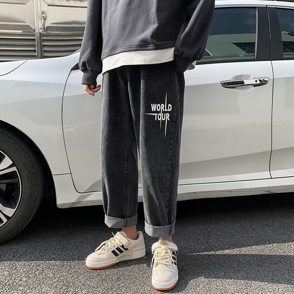 

fashion denim pants male korean trend straight leggings loose jeans vibrating brand ruff handsome summer thin ankle length jean, Blue
