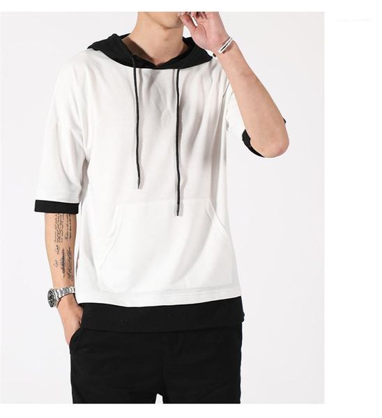 

two pieces hoodies mens tees solid color spring summer three quarter sleeve mens designer tshirts hooded fake, White;black
