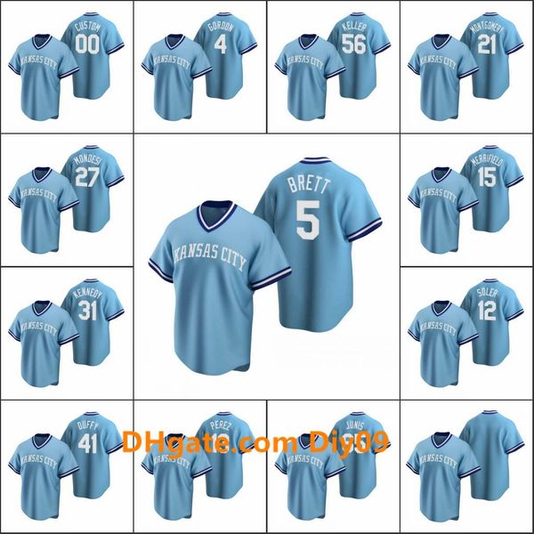 

kansas city royals men #5 george brett 13 salvador perez 41 danny duffy women youth custom cooperstown collection road jersey, Black