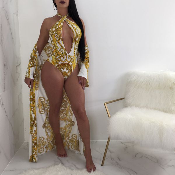 

two piece set swim wear v neck fashion split swimsuit printing long sleeve swimsuit cover up womens printed cape and bikini