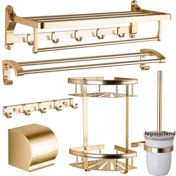 

gold space aluminum bathroom hardware set paper holder towel bar robe hooks toilet brush holders shelves bathroom accessories t200425
