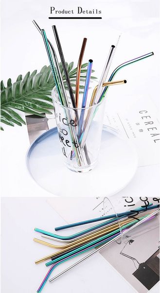 

8.5 inch 215mm colorful eco friendly reusable straw 304 stainless steel straw metal smoothies drinking straws and clearning brush