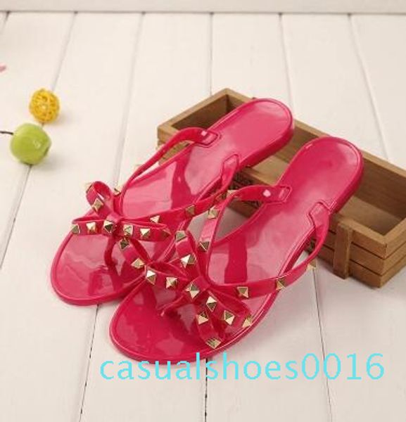 

size 36-40 new 2020 womens summer sandals rivets big bowknot flip flops beach sandalias femininas flat jelly designer woman sandals c16, Black
