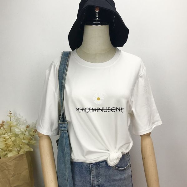 

женщины с короткими рукавами 2020 футболка футболка летом случайная свободными студентами верхней маргаритка распечатана женской одежда, White