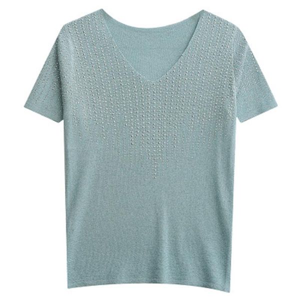

ice silk sweater thin 2020 summer new fashion rhinestone v-neck short-sleeved t-shirt female slim foreign style shirt small, White
