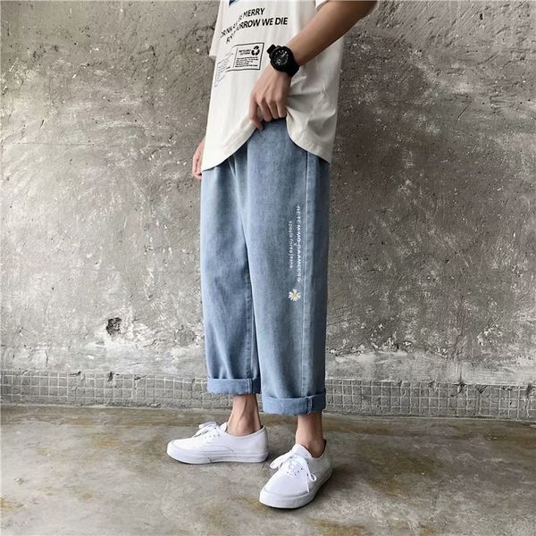 

sbjvq spring summer new men's and jeans trousers and jeans korean style trendy daisy printed ankle-length pants loose casual all-match, Blue