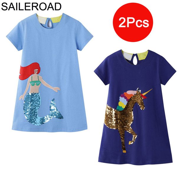 

saileroad 2pcs unicorn пайетки партии лето девушка для детской одежды оптом платье ребенка девушки платье t200709, Red;yellow