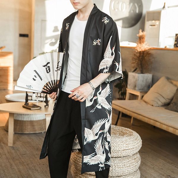

2019 summer new printed youth chinese style japanese coat kimono style long crane kimono cardigan coat for men, Tan;black