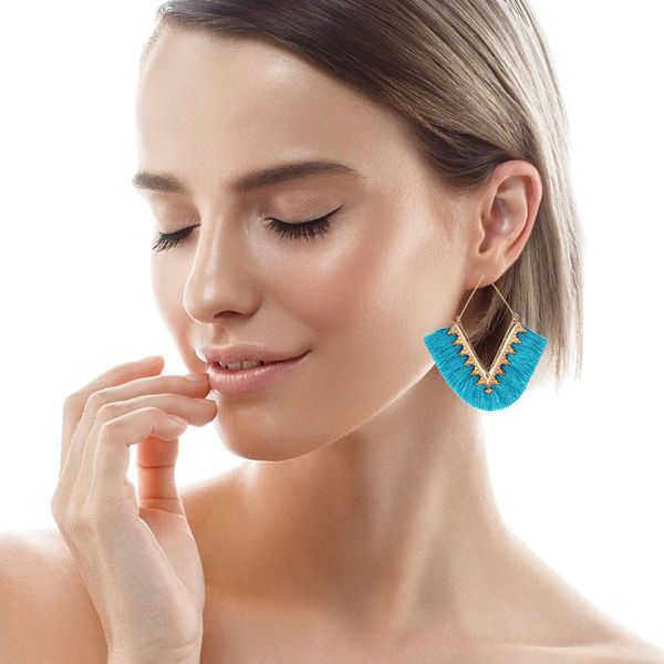 

alloy geometric v-shaped cotton thread tassel female earrings, Silver
