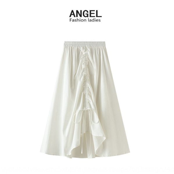 

drawstring white women's mid-length high waist a- line dress 2020 summer irregular a- line dress long skirt vertical long skirt 8648, Black