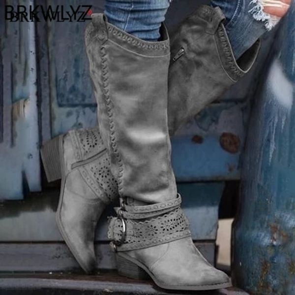 

nude black suede openwork knee high boots women pointy toe buckle strap heels winter long boots flats knight botas mujer