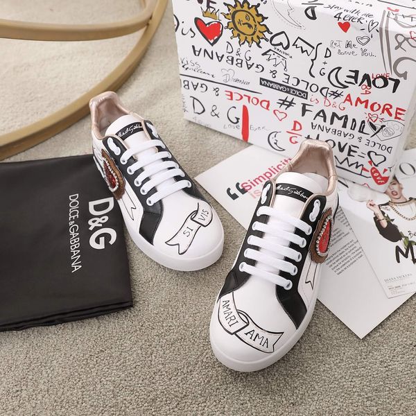 

2020e new embroidered leather casual shoes outdoor men's and women's sports shoes fashion trend graffiti wild couple shoes, size 3, Black