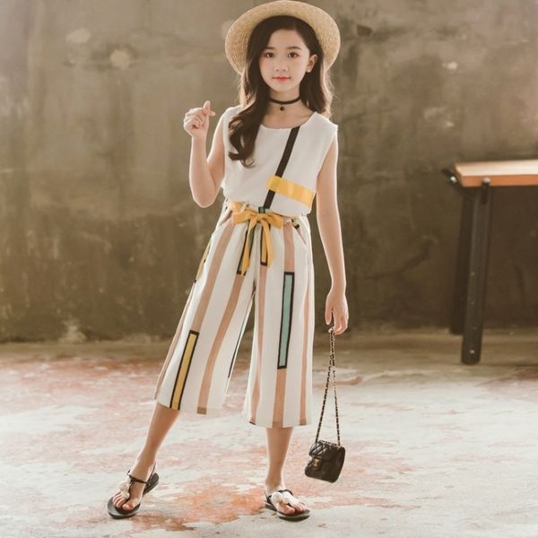 

ffzhb 19 summer girls' t-shirt + colorful cropped wide- two-piece wide leg pants children's wide leg pants set girls' fashion