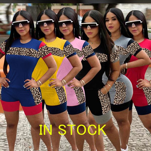 

women tracksuit designer leopard printing patchwork color short sleeve t shirt shorts two piece set outfits fashion suit s-3xl d72205, White