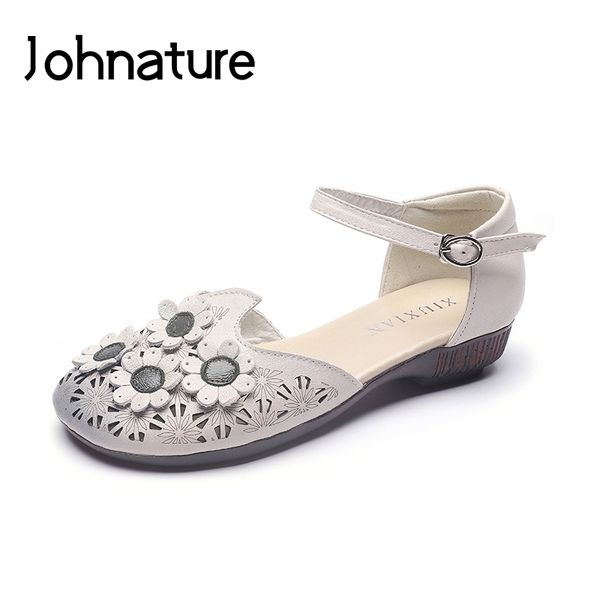 

johnature genuine leather 2020 new summer sandals retro buckle strap flower wedges casual hollow national style women shoes, Black