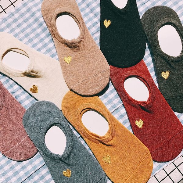 

pure gold silk love embroidery invisible hidden cotton boat cotton boat socks women's summer fashion new socks, Pink;yellow