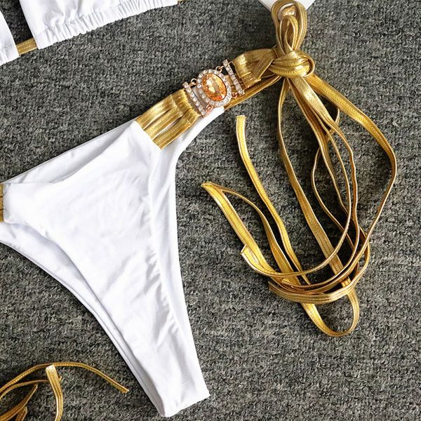 

new diamond tassel bikini 2020 women golden bandeau swimsuit female halter swimwear two pieces bikini set bathing suit swim, White;black