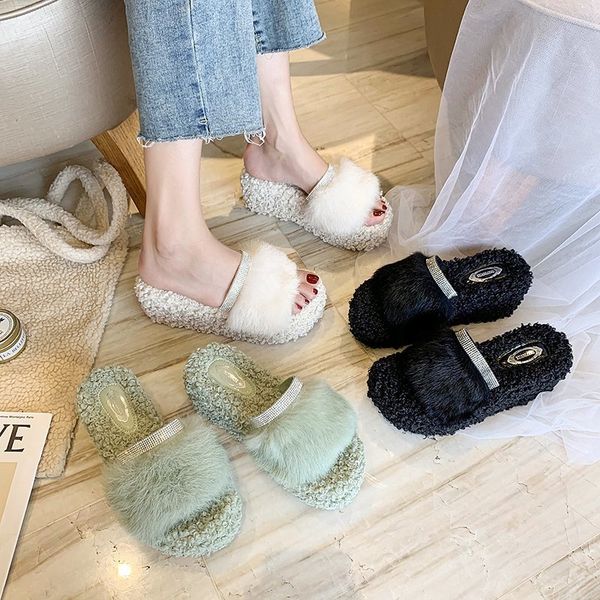 

тапочки повседневный на клине обувь мех вьетнамки блеск слайды shose женщины heeled мулы flock pantofle роскошный плюшевые желе heels, Black